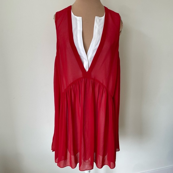 Sandro A Line Sleeveless Red White V Neck Chiffon Mini Tunic Dress EUC Size 1/S - Picture 3 of 12
